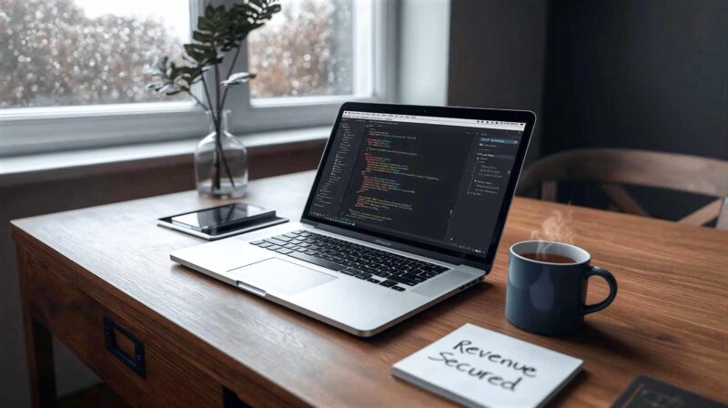 A high-resolution, photorealistic workspace shot in a modern British home office. Soft, natural light from a rainy window illuminates a wooden desk. On the desk, a MacBook screen displays a clean WordPress code editor with PHP syntax highlighting. Next to the laptop is a steaming mug of tea and a notepad with "Revenue Secured" handwritten on it. The aesthetic is clean, professional, and calm, utilizing a palette of deep navy, white, and soft grey to convey trust and technical expertise