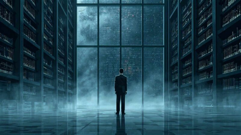 Ditching Social Media: How Quality Content Can Help Your Business Grow - Featured Image. A surreal, high-art conceptual illustration in the style of René Magritte and modern brutalism. A solitary, well-dressed figure in a 1950s suit stands calmly in a vast, quiet, foggy library with infinite shelves of glowing books. Outside the high glass windows, a chaotic, colourful digital storm of binary code and neon glitch-noise rages, but it cannot enter the quiet space. Muted palette of slate greys, deep forest greens, and soft cream lighting. Cinematic composition, hyper-detailed texture.