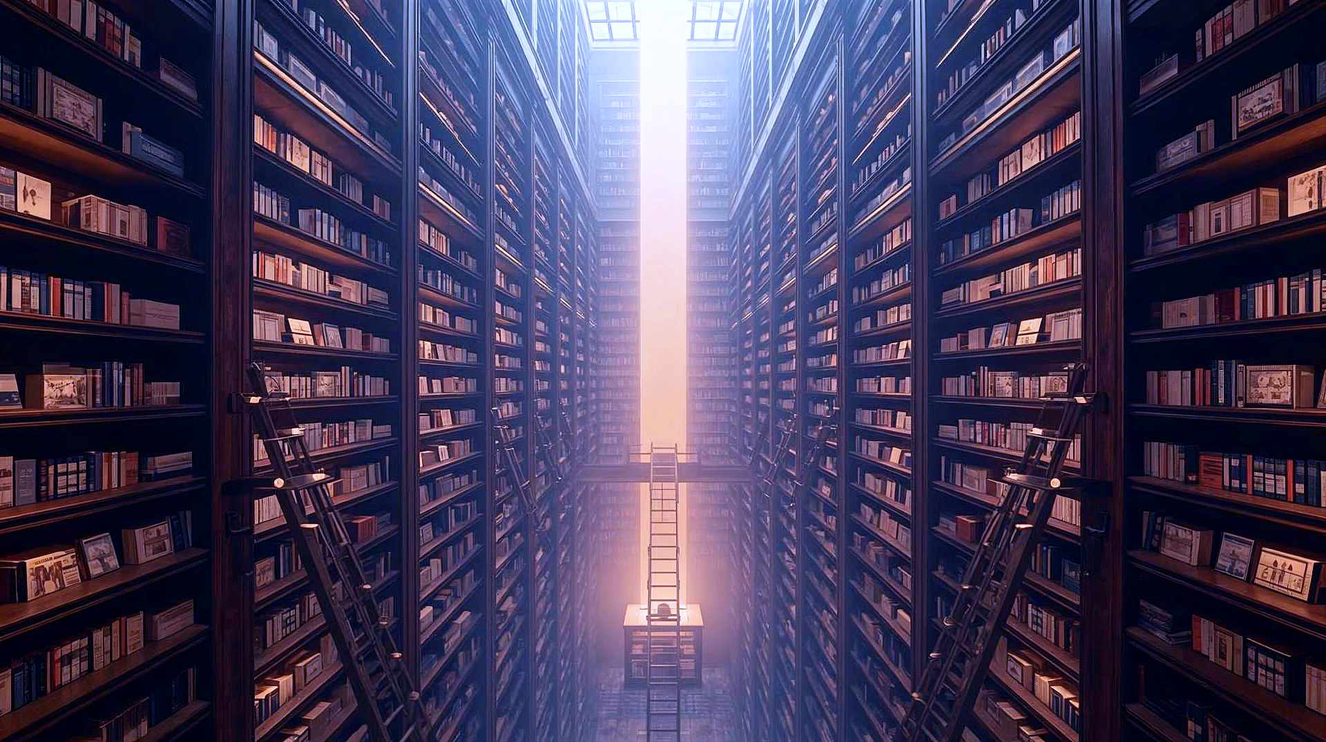 An infinite, surreal library-meets-department-store in the style of Wes Anderson and M.C. Escher. Towering mahogany shelves stretching into a digital fog, filled with glowing products. A single beam of light illuminates a specific item. Intricate architectural details, brass ladders, soft cinematic lighting, British Victorian aesthetic blended with cyberpunk data streams.