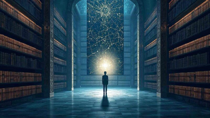 An abstract, high-art conceptual illustration of a vast, dimly lit library where the books are glowing. A solitary figure stands in the centre, looking at a floating, luminous map of constellations. The style is reminiscent of a blend between Bauhuas geometry and Renaissance chiaroscuro. Muted tones of deep indigo, parchment, and gold. Cinematic lighting, photorealistic texture but surreal composition.