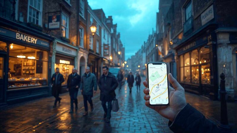 A hyper-realistic, wide-angle photograph of a charming, bustling British high street at dusk. The scene includes a mix of traditional storefronts (a bakery, a florist, a pub) with warm, inviting lights glowing onto rain-slicked cobblestones. In the foreground, groups of native british people are walking, with one person clearly holding up a smartphone showing a map application, highlighting the connection between the physical location and digital search. The atmosphere is nostalgic yet modern, with a cool blue twilight contrasting against the warm amber shop lights. Cinematic lighting, depth of field focused on the phone and the immediate shop front.