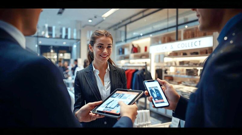 A hyper-realistic, wide-angle photograph in the style of a high-end British retail magazine. The scene shows a modern, warmly lit High Street clothing boutique in the UK on a slightly rainy day. In the foreground, a smartly dressed shop assistant is smiling, holding a sleek digital tablet to help a customer. The customer is holding a smartphone that displays a matching shopping app. In the background, there is a neatly organised "Click & Collect" desk. The lighting is soft and welcoming, conveying a seamless blend of digital technology and physical, personal customer service.