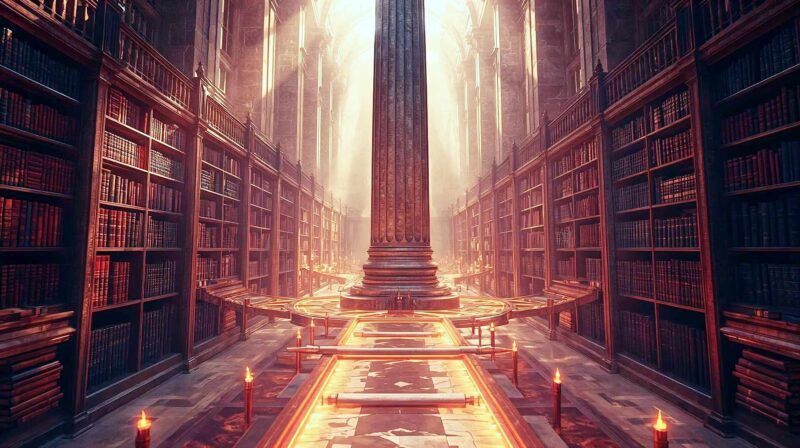 A vibrant, professional photograph of a grand, classical stone pillar standing strong in a sunlit library, surrounded by organized, glowing pathways connecting to smaller books and scrolls. Use soft, golden-hour lighting, rich colors, and a dynamic composition to evoke structure, knowledge, and connection.