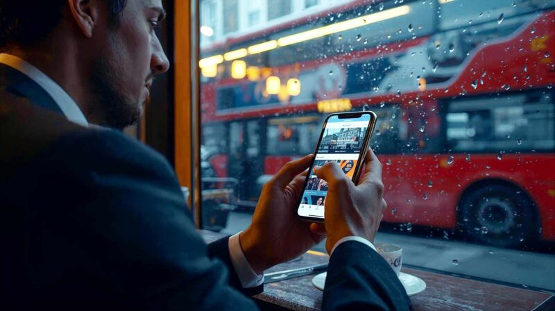 A hyper-realistic photograph in the style of a top-tier tech editorial, showing an everyday British scene: a smartly dressed professional holding a sleek smartphone while sitting in a cosy, warmly-lit London coffee shop. The smartphone screen displays a brightly coloured, perfectly formatted mobile website. Outside the rain-flecked window, a blurred red double-decker bus passes by. The lighting is cinematic, blending the golden glow of the cafe with the cool, grey daylight outside, evoking a sense of modern UK life, connectivity, and premium digital design.