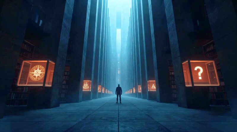 A hyper-realistic, cinematic wide shot of a solitary figure standing in a vast, brutalist concrete library that stretches into infinity. The shelves are filled not with books, but with glowing, translucent glass boxes containing floating abstract concepts (a compass, a coin, a question mark). The lighting is moody, chiaroscuro, reminiscent of a Caravaggio painting but in a sci-fi setting. High grain, 8k resolution, 'Blade Runner 2049' aesthetic, atmospheric fog.
