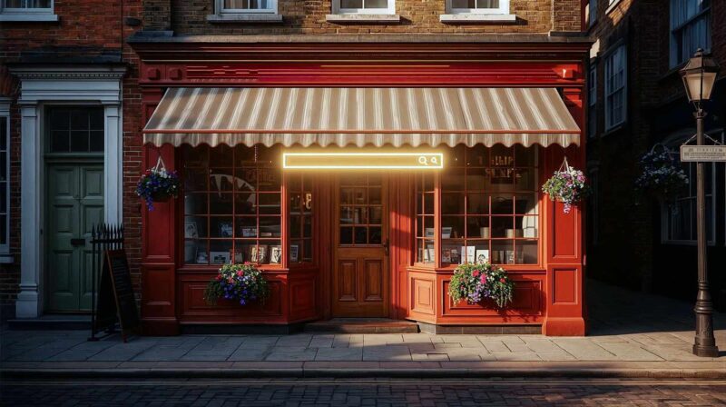 A hyper-realistic photograph in the style of a Sunday Times magazine feature, blending a traditional British high street with modern digital elements. In the foreground, a charming, classic British shopfront (think red brick, a striped awning, and hanging flower baskets) with a glowing, neon Google search bar hovering gracefully above its wooden door. Soft, golden-hour sunlight casts warm shadows on the cobblestone pavement. The mood is welcoming, nostalgic, yet clearly signalling a high-tech modern digital economy. Highly detailed, cinematic lighting, shot on 35mm lens.