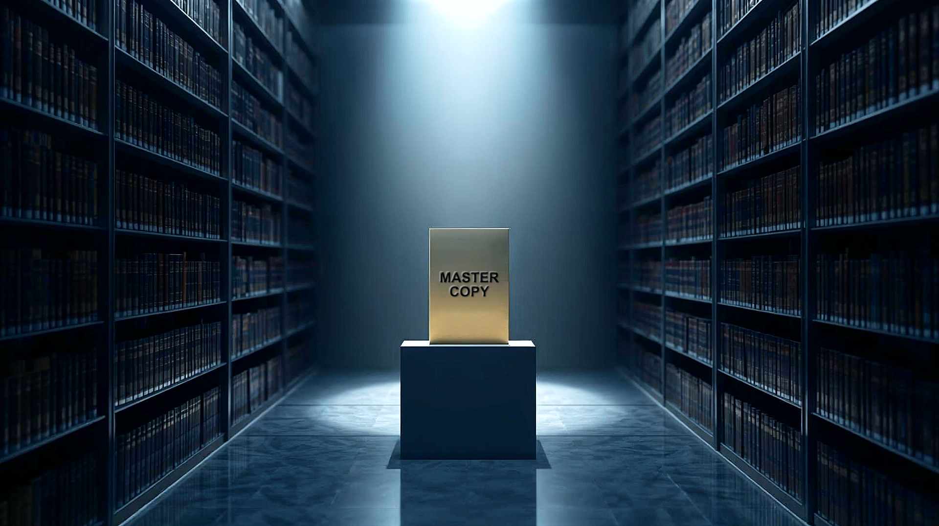 A hyper-realistic, professional photograph in the style of a high-end architectural magazine or the Tate Modern. The scene shows a perfectly symmetrical, modern British library with endless rows of books. In the centre, illuminated by a soft, heavenly spotlight, sits a single, golden "Master Book" on a pedestal. The surrounding books are shadowed and slightly blurred, representing duplicates. The atmosphere is calm, authoritative, and orderly. Cool blues and warm golds, evoking a sense of British heritage mixed with modern technology.