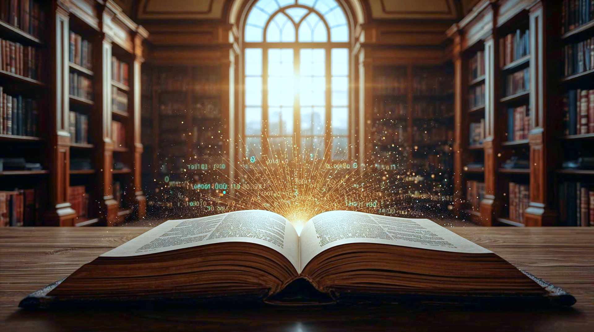 A conceptual, hyper-realistic photographic composition representing the bridge between human language and digital understanding. Scene: A close-up, eye-level shot inside a classic, warm-toned British library (oak shelves, soft dust motes in the air). In the foreground, an open antique book rests on a wooden table. Rising from the pages, the text is physically lifting off the paper, transforming from ink into glowing, golden streams of digital binary code and neural network nodes. Style: Cinematic, editorial photography style similar to a Wired or National Geographic feature. High detail, shallow depth of field focusing on the transformation point. Lighting: Golden hour sunlight streaming through a leaded window, illuminating the dust particles and the glowing text. Mood: Intellectual, magical, bridging history and the future, authoritative yet accessible. Colour Palette: Warm browns, deep greens, and illuminating golds/cyans for the digital elements.