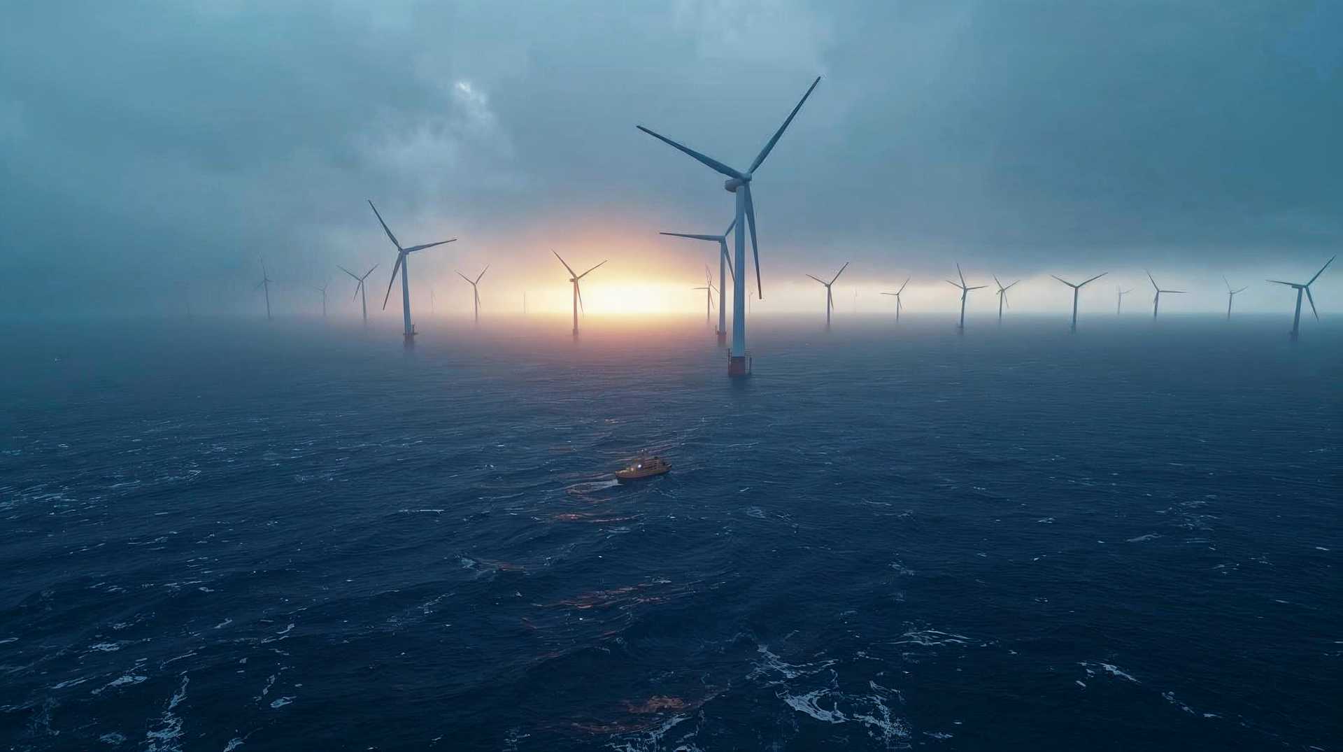 Hyper-realistic, cinematic, editorial photography (National Geographic or Wired UK style). Subject: A wide-angle shot of the Dogger Bank Wind Farm at dawn. In the foreground, the churning dark blue North Sea waves. Rising from the mist are the colossal white Haliade-X turbines, arranged in geometric precision fading into the horizon.
