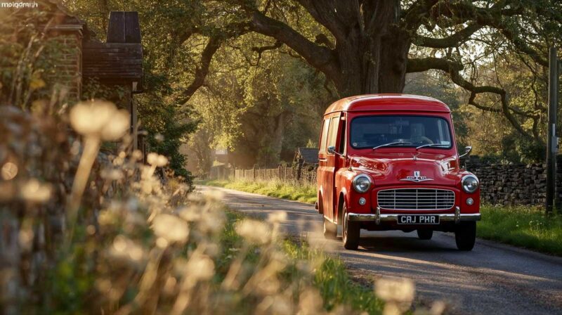A hyper-realistic, cinematic photograph in the style of a National Geographic feature. The image depicts a classic Royal Mail red van driving down a picturesque, narrow country lane in the British Cotswolds during the 'golden hour'. Soft sunlight filters through ancient oak trees, dappling the red metal of the van. In the foreground, a blurred stone wall and wild cow parsley. The mood is nostalgic yet industrious, capturing the blend of heritage and modern service.
