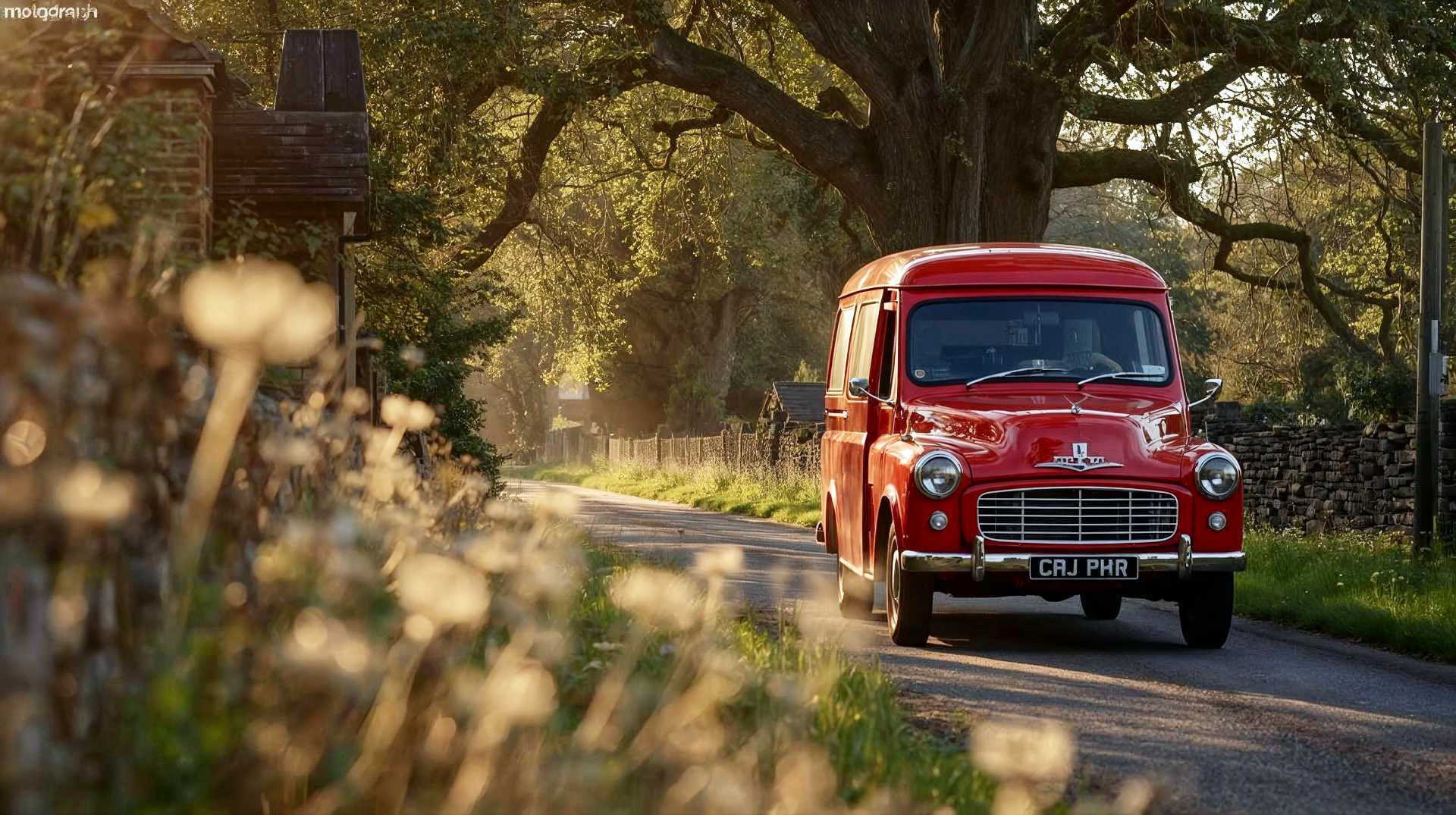 A hyper-realistic, cinematic photograph in the style of a National Geographic feature. The image depicts a classic Royal Mail red van driving down a picturesque, narrow country lane in the British Cotswolds during the 'golden hour'. Soft sunlight filters through ancient oak trees, dappling the red metal of the van. In the foreground, a blurred stone wall and wild cow parsley. The mood is nostalgic yet industrious, capturing the blend of heritage and modern service.