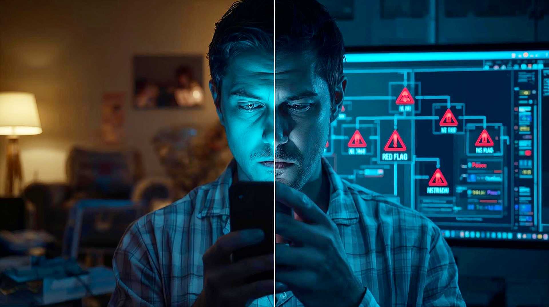 A hyper-realistic, cinematic photograph split into two contrasting halves. On the left, a warm, slightly chaotic British living room at night, illuminated by the glow of a mobile phone screen held by a worried person in pyjamas. On the right, a cool-toned, sterile view of an NHS call centre monitor displaying a complex digital decision tree with "Red Flag" warnings glowing. The image should capture the tension between human vulnerability and cold digital logic.