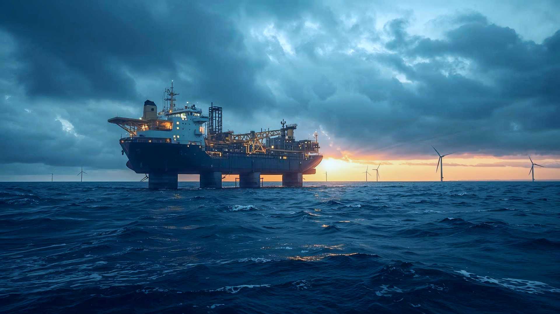 A hyper-realistic, cinematic wide shot of the Pioneering Spirit vessel in the North Sea during the "golden hour" with moody, dramatic lighting. The massive twin-hulled ship is in the process of lifting a rusted, yellow oil platform topside from its concrete legs. The sea is choppy with white-capped waves, grey-green in colour. In the background, a modern offshore wind farm is visible on the horizon, symbolising the energy transition. The atmosphere should be awe-inspiring but slightly melancholic.