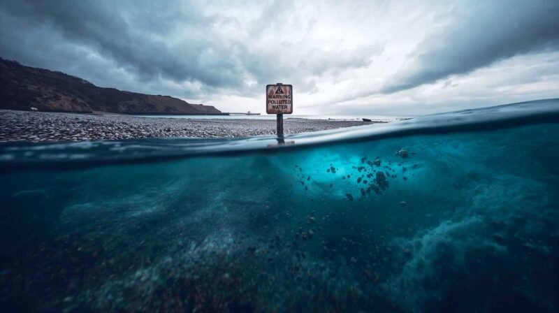 A hyper-realistic, editorial-style photograph: A split-level composition at a British coastline (pebble beach). Top half (above water): A moody, overcast British seaside scene. Grey skies, a pier in the distance, perhaps a solitary "Warning: Polluted Water" sign rusting slightly in the foreground. The lighting is soft, diffused, and slightly melancholic (the "Golden Hour" but on a cloudy day). Bottom half (underwater): A murky, turbulent view beneath the surface. Swirling dark particulates mixing with the blue-green water, hinting at pollution without being overly graphic or grotesque. Mood: Serious, investigative, forensic. High contrast and sharp detail, evoking the style of a National Geographic or Guardian environmental feature.