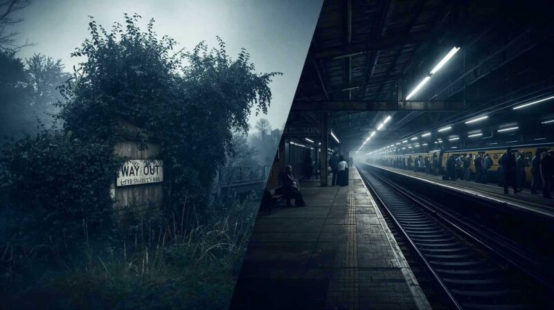 A hyper-realistic, atmospheric photograph in the style of a high-end British documentary feature. The composition features a split scene: on the left, a ghostly, overgrown 1960s railway platform with ivy covering a "Way Out" sign, evoking nostalgia and loss. On the right, blending seamlessly, a modern, overcrowded commuter train platform in London, highlighting the current capacity crunch. The lighting should be moody—misty grey morning light for the old station, harsh fluorescent or bright city light for the new one. The mood is contemplative and historical.