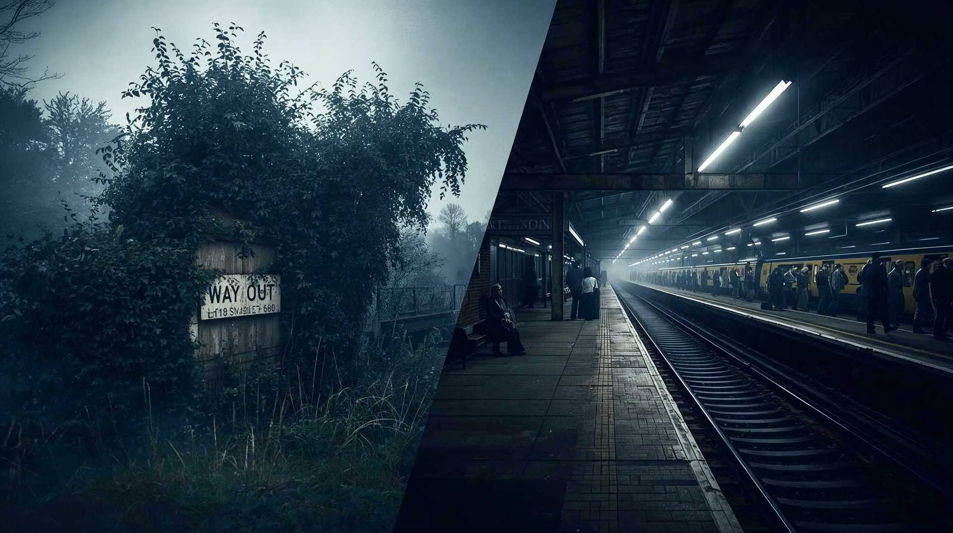 A hyper-realistic, atmospheric photograph in the style of a high-end British documentary feature. The composition features a split scene: on the left, a ghostly, overgrown 1960s railway platform with ivy covering a "Way Out" sign, evoking nostalgia and loss. On the right, blending seamlessly, a modern, overcrowded commuter train platform in London, highlighting the current capacity crunch. The lighting should be moody—misty grey morning light for the old station, harsh fluorescent or bright city light for the new one. The mood is contemplative and historical.