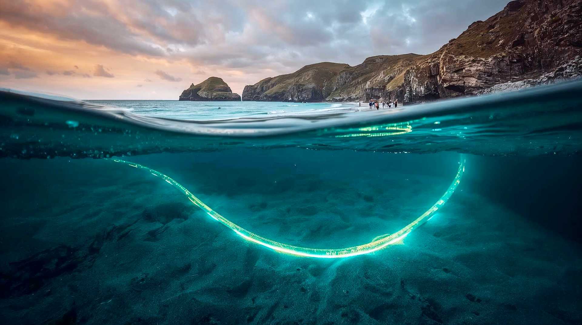 Hyper-realistic, editorial photography style (National Geographic or BBC Focus aesthetic). Subject: A split-level composition. Top half: A moody, golden-hour shot of Porthcurno beach, Cornwall. Rugged granite cliffs, turquoise water, and a few blurred figures of tourists on the sand. Bottom half (underwater view): The cross-section of the seabed revealing a glowing, high-tech fibre optic cable buried in the sand, pulsating with faint blue and gold light, stretching out into the dark ocean depth.