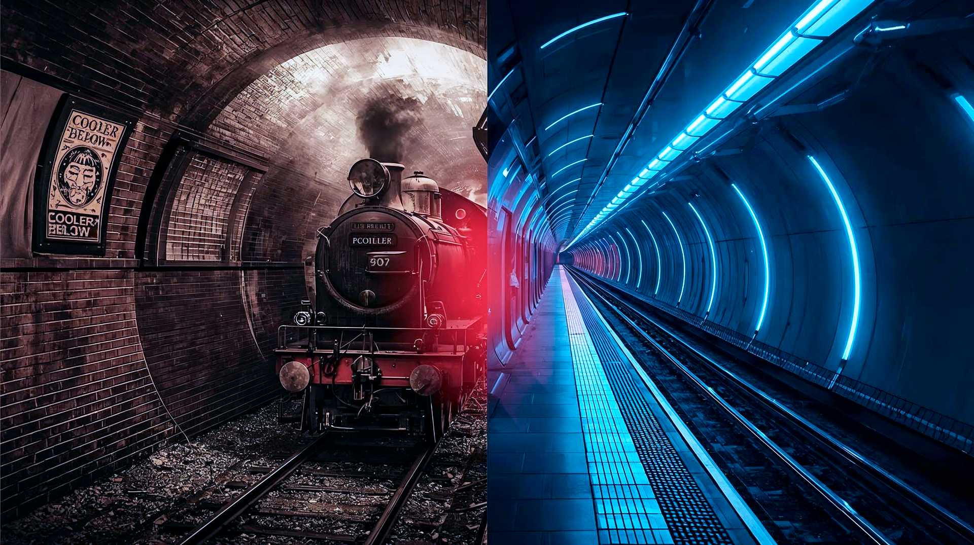 A hyper-realistic, split-screen style editorial illustration. Left side: A gritty, sepia-toned 1900s scene of a steam train in a tunnel, with a "Cooler Below" poster visible on the tiled wall, evoking a chilly, damp atmosphere. Right side: A sleek, modern futuristic tube tunnel (Piccadilly line style) with cool blue LED lighting and heat-map overlays showing red heat dissipating into blue, signifying ventilation. The composition should be symmetrical, contrasting the historical "cold" past with the technological "cool" future. Cinematic lighting, high detail, 8k resolution.