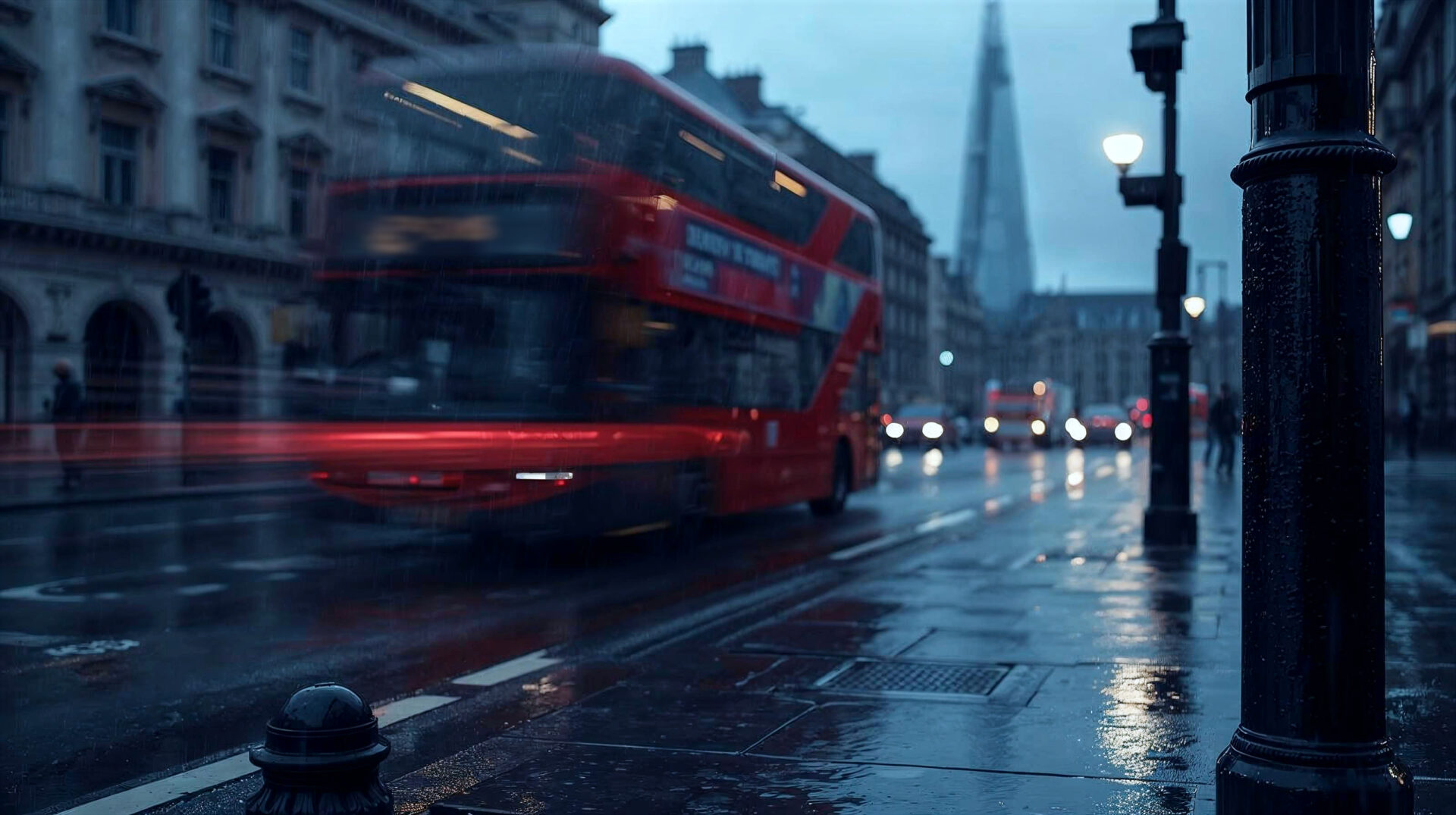 A hyper-realistic, cinematic photograph of a rainy London street at twilight in the style of a BBC drama. The foreground features a wet, glistening pavement and a "heritage-style" black bollard. In the middle ground, a blurred red double-decker bus passes. High above on a sleek black pole, a modern CCTV camera glows with a faint, menacing red ring, focused sharply against the soft bokeh of city lights and The Shard in the distance. The mood is moody, atmospheric, and slightly dystopian.