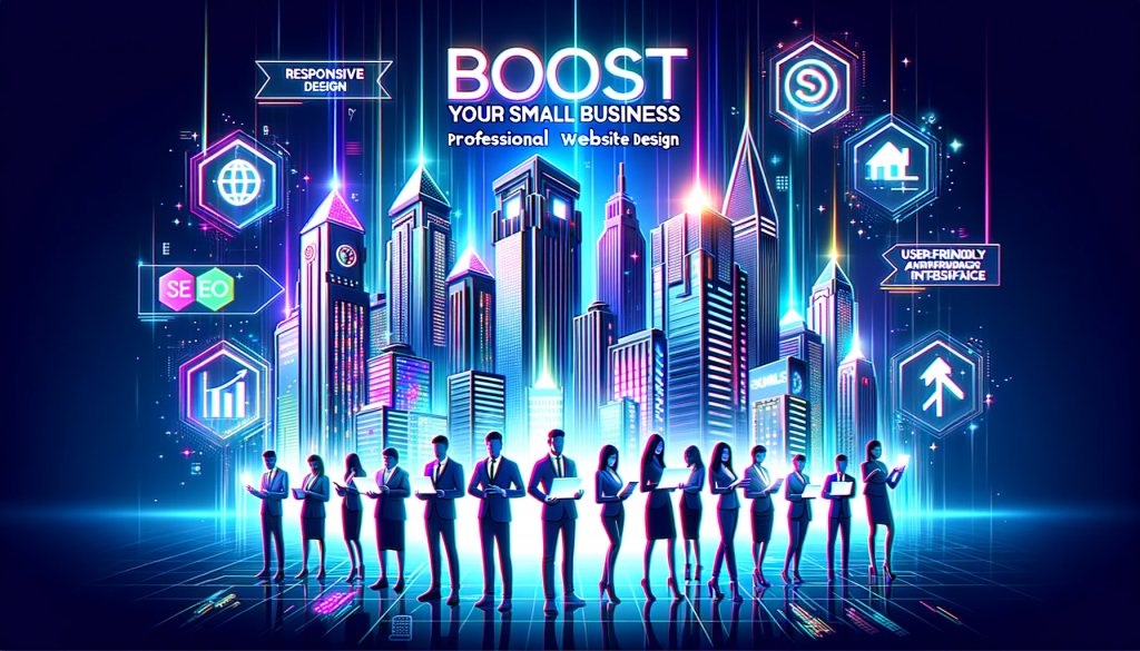 Illustration: a futuristic city skyline representing the digital age, with sharp, sleek skyscrapers glowing in neon colours. In the foreground, a diverse group of entrepreneurs stand confidently, showcasing their modern websites on transparent digital tablets. Above them, bold, holographic text reads: 'boost your small business'. Floating icons around them display symbols of website design like responsive design, user-friendly interface, and seo. In the corner, a ribbon banner highlights 'top 5 advantages of professional website design'.